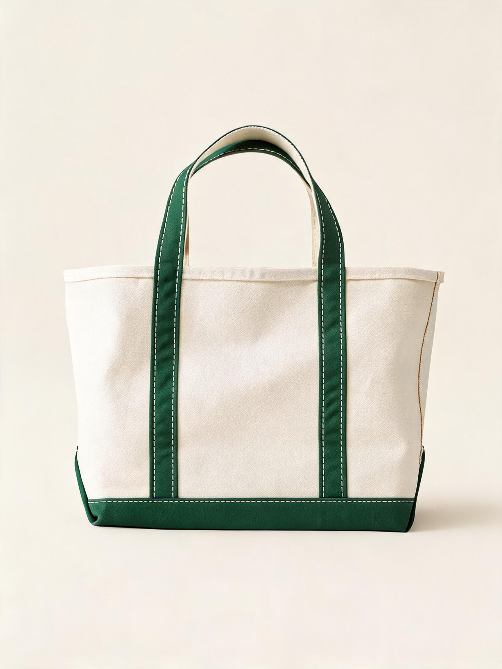 Natural canvas tote bag with contrasting green handles and base trim