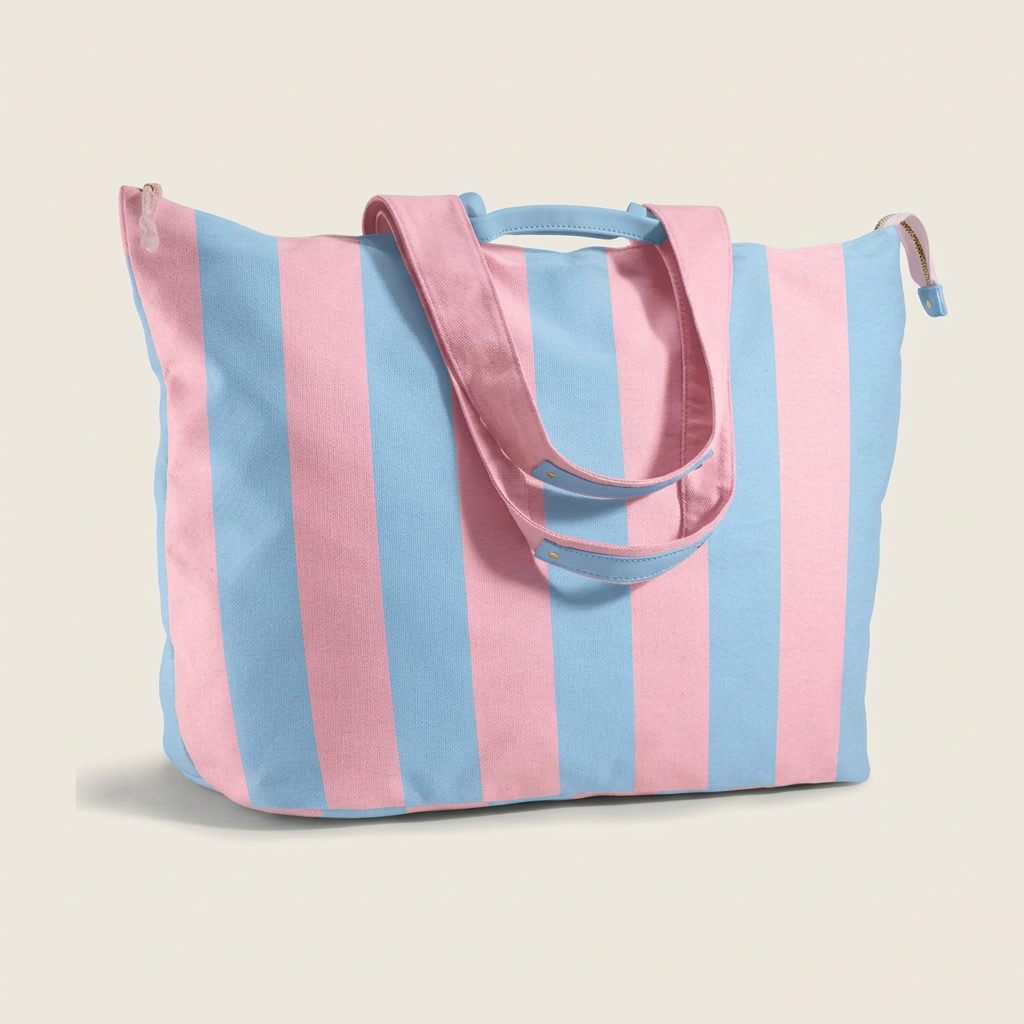Pink and blue striped oversized canvas tote with dual shoulder straps and zip top