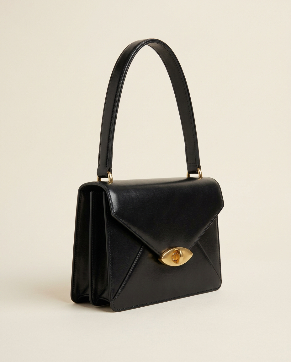 Black envelope flap bag with gold eye clasp